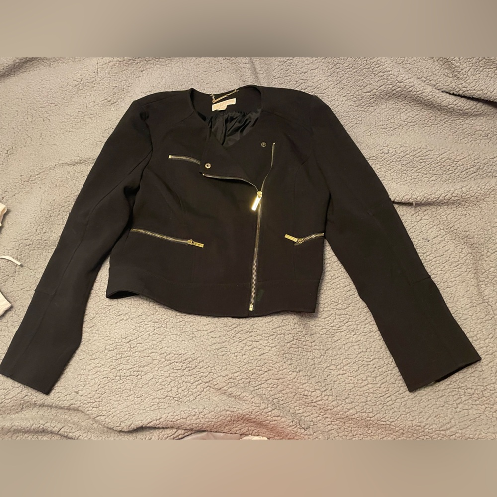 Michael Kors Women's Black Cropped Blazer Jacket Gold Zipper Size M